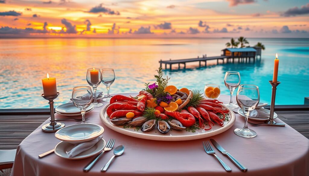 A beautifully set dining table on a private terrace overlooking the pristine turquoise waters of the Maldives. In the foreground, an elegantly arranged table with fine china, crystal glassware, and flickering candles creates an intimate atmosphere. In the middle, a lavish seafood platter showcasing fresh lobsters, oysters, and tropical fruits, garnished with delicate flowers and herbs. The background features a stunning sunset with vibrant hues of orange, pink, and purple reflecting on the water's surface, enhancing the romantic ambiance. Soft, warm lighting bathes the scene, casting gentle shadows. The image captures a dreamy vibe ideal for couples, with the serene ocean and distant palm trees completing the idyllic setting. No human figures are present, emphasizing the focus on the dining experience.