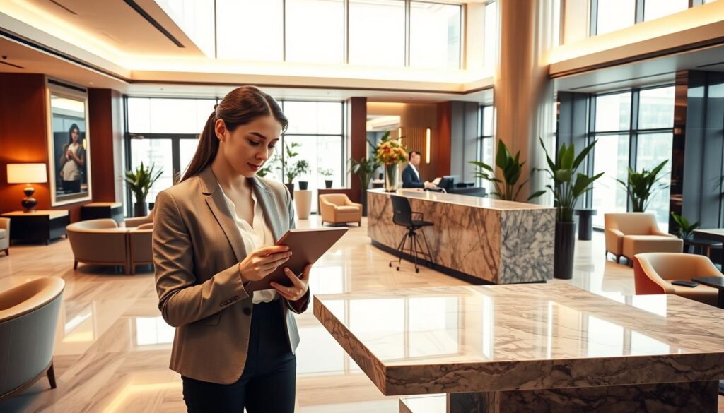A luxurious business hotel lobby filled with modern elegance, featuring sleek furniture and tasteful decor. In the foreground, a professional-looking woman in business attire is holding a tablet, intently reviewing hotel booking options. In the middle ground, a contemporary marble reception desk showcases a friendly concierge ready to assist guests. Large windows in the background allow warm, natural light to flood the space, highlighting the plush seating areas adorned with potted plants. Soft ambient lighting creates a welcoming atmosphere, while the overall color palette combines neutral tones with hints of gold. The scene conveys a sense of sophistication and comfort, perfect for business travelers finalizing their booking strategy.
