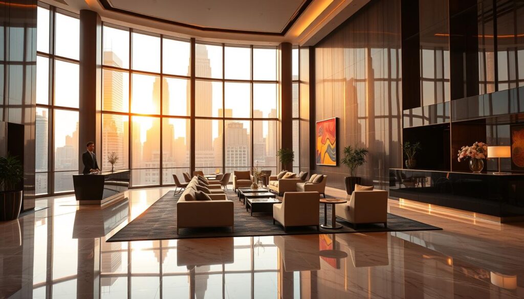 A luxurious business hotel lobby in Midtown Manhattan, featuring a spacious, elegantly designed interior. The foreground includes a stylish reception desk with a professional staff member in business attire, welcoming guests. In the middle, plush sofas and modern seating arrangements with tasteful decor and vibrant artwork create an inviting atmosphere. The background showcases large, floor-to-ceiling windows revealing iconic Manhattan skyscrapers bathed in warm, golden sunlight, hinting at a bustling city outside. Soft, ambient lighting highlights the sophisticated ambiance, while a polished marble floor reflects the luxury of the space. This scene conveys an atmosphere of professionalism, comfort, and elegance, ideal for business travelers seeking a premium experience.