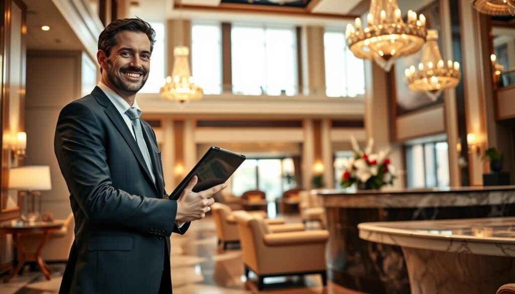 A luxurious hotel lobby showcasing exceptional service standards. In the foreground, a well-dressed concierge in a tailored suit warmly greets a business traveler, holding a tablet with a welcoming smile. In the middle ground, elegant furnishings include plush armchairs and a gleaming marble front desk adorned with fresh flowers. In the background, the lobby features high ceilings with graceful chandeliers and large windows letting in soft, natural light, creating a warm and inviting atmosphere. The scene conveys sophistication and professionalism, capturing the essence of luxury. The lighting is soft and ambient, highlighting the rich textures and colors of the hotel decor, creating a sense of comfort and prestige in the environment.