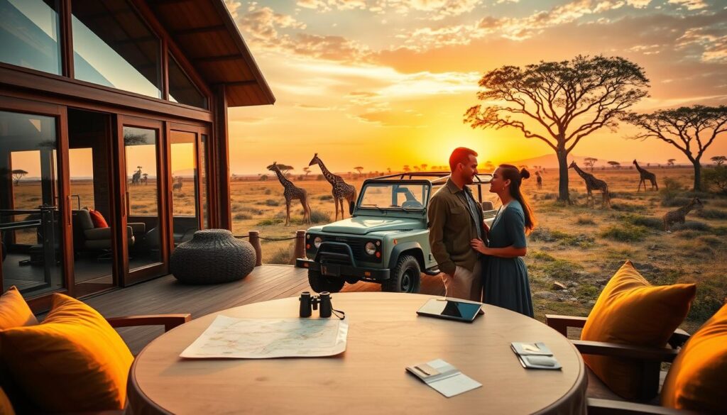 A luxurious safari scene set in an African landscape, featuring a cozy, upscale lodge with elegant wooden furnishings and large glass windows showing stunning views of the savannah. In the foreground, a couple dressed in smart casual safari attire is discussing travel logistics at a beautifully arranged outdoor table with a map, binoculars, and a tablet. The middle ground showcases a jeep ready for a wildlife adventure, while a sunset paints the sky in warm oranges and yellows, creating a romantic atmosphere. Behind them, acacia trees and giraffes graze peacefully, highlighting the serene wilderness. The lighting is soft and warm, capturing the essence of an unforgettable honeymoon experience, shot from a slight elevation to encompass the entire scene.