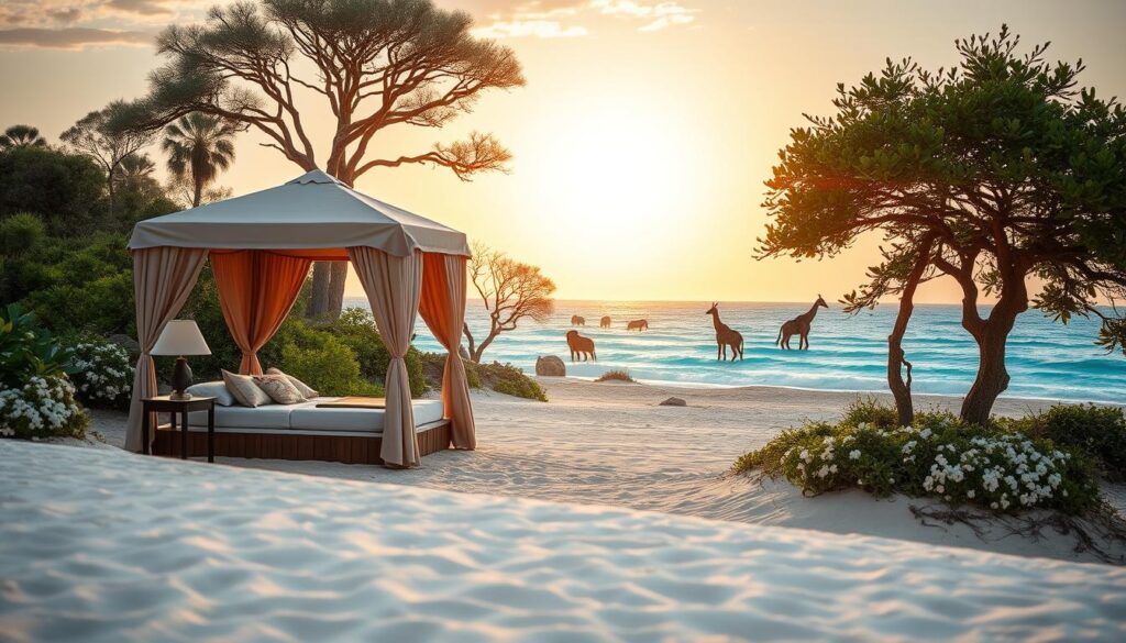A luxurious scene combining a vibrant bush landscape and a pristine beach setting. In the foreground, a cozy private tent draped in elegant fabrics sits on a sandy beach, with tasteful decor, surrounded by lush greenery and delicate flowers. The middle ground features tall acacia trees and distant wildlife, like elephants or giraffes, grazing peacefully. In the background, the turquoise ocean gently laps against the shore under a warm golden sunset, casting a soft glow over the entire setting. The lighting should create a romantic ambiance, enhancing the serene and intimate atmosphere of a luxury safari vacation. The composition should be captured at eye level, utilizing a wide-angle lens to encompass both the bush and beach elements harmoniously.