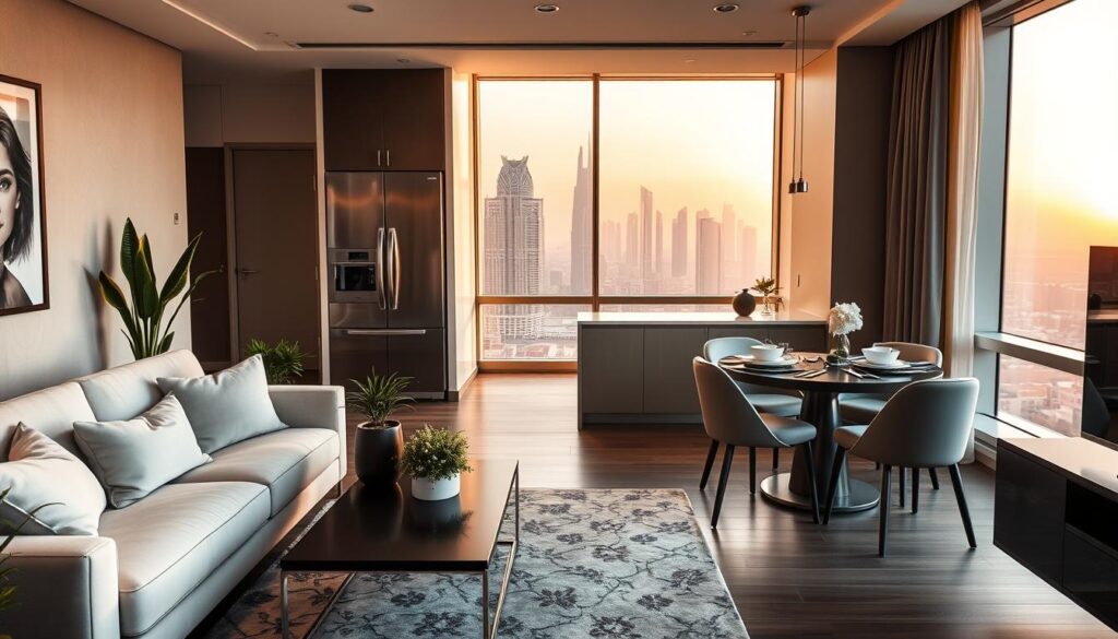 A luxurious serviced apartment in Dubai featuring essential in-room amenities. In the foreground, a modern living area with elegant furniture: a plush sofa, stylish coffee table, and decorative plants. In the middle, spacious kitchen area fully equipped with sleek appliances and a chic dining table set for two. The background reveals a large window showcasing a breathtaking view of the Dubai skyline during golden hour, with warm lighting bathing the room. The atmosphere feels inviting and comfortable, ideal for relaxation. Soft textures and neutral colors dominate the decor, enhancing the sense of luxury. The scene captures a balance of functionality and comfort, reflecting a sophisticated lifestyle in a vibrant city. No people are present to maintain focus on the apartment's features.