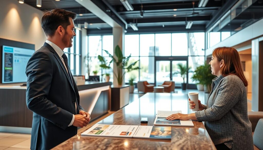 A modern hotel reception area designed for long-term stays, featuring a welcoming and professional atmosphere. In the foreground, a hotel manager in professional business attire is engaged in a friendly conversation with a guest, conveying warmth and attentiveness. The middle ground shows a stylish reception desk with a computer displaying booking information, and brochures about extended stay packages. The background reveals a spacious lobby with comfortable seating, potted plants, and large windows allowing natural light to flood the space, creating an inviting ambiance. The lighting is soft yet bright, suggesting a pleasant and relaxing environment. The angle is slightly elevated, capturing the interaction and the inviting design of the hotel, perfect for travelers seeking extended accommodations near the airport.
