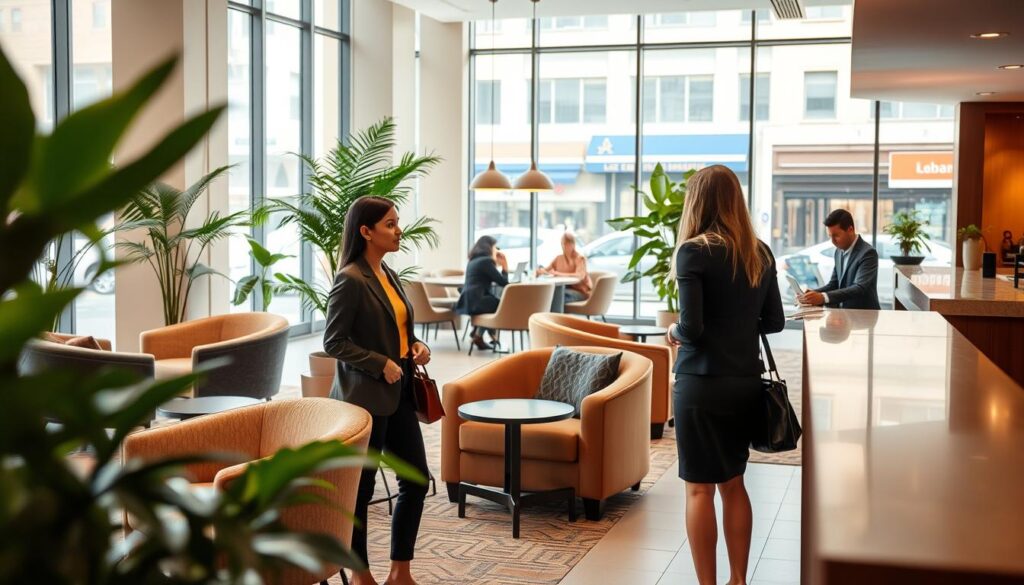 A modern long-term stay hotel lobby, featuring cozy seating areas with plush chairs and small tables, creating a welcoming atmosphere for digital nomads. In the foreground, a professional woman in smart casual attire is interacting with a friendly hotel concierge at the front desk, discussing extended stay rates. The middle ground showcases a stylish coffee bar with patrons working on laptops, surrounded by green plants that add a touch of nature. In the background, large windows let in warm, natural light, revealing a view of a bustling city street. The overall mood is relaxed and productive, emphasizing comfort and connectivity in a transient yet homely environment. The image should have a soft focus with a slight bokeh effect to highlight the main subjects.