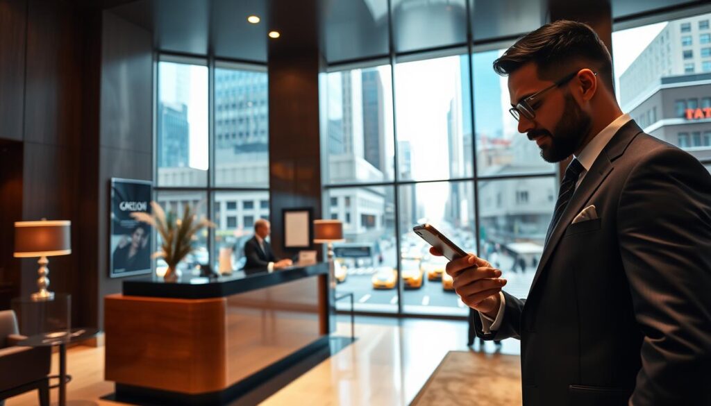 A professional business traveler is seen in a sleek New York City hotel lobby, surrounded by modern amenities. In the foreground, a well-dressed individual in a tailored suit checks a smartphone, showcasing real-time itinerary updates. The middle features a stylish reception desk with a friendly concierge assisting another guest, displaying elegant hotel branding. In the background, large windows reveal iconic skyscrapers and a bustling street scene, with yellow taxis and pedestrians, capturing the essence of urban logistics. The lighting is bright and inviting, emitting a warm glow that emphasizes a productive environment. The atmosphere is focused yet relaxed, ideal for professionals managing travel logistics in a vibrant city.