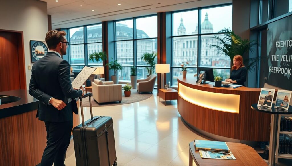 A professional reception area of an extended stay hotel in London, captured in warm, soft lighting to create an inviting atmosphere. In the foreground, a business professional wearing smart casual attire, holding a travel document and a suitcase, is interacting with a friendly receptionist behind a sleek wooden desk equipped with a computer and key cards. The middle space features a modern lobby adorned with stylish furnishings, including plush seating, potted plants, and travel brochures on a nearby table. The background shows large windows with a view of iconic London architecture, adding to the ambiance of urban exploration. The image should evoke a sense of ease and preparedness, suggesting an organized approach to managing travel logistics for long-term stays.
