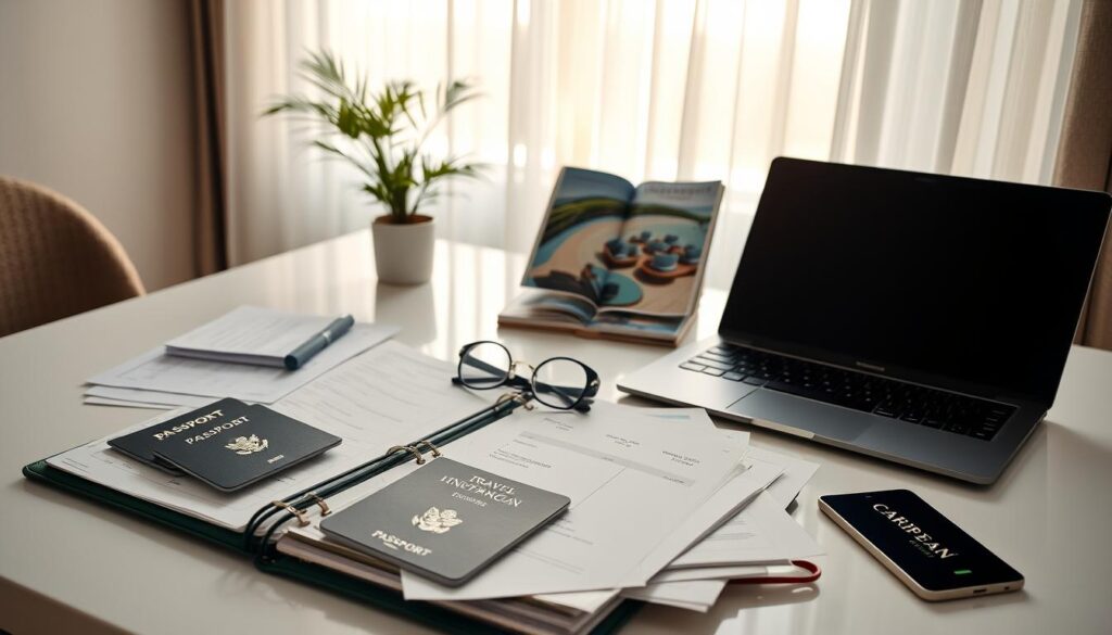 A serene and organized workspace featuring essential travel documentation for a Caribbean honeymoon. In the foreground, a beautifully arranged travel planner with crisp, neatly organized papers including passports, travel insurance forms, and flight itineraries. Beside it, a stylish, closed laptop and a pair of reading glasses. In the middle, a minimalist desk adorned with tropical-themed items such as a small palm plant and a travel guidebook about Caribbean resorts, evoking a sense of adventure. The background softly showcases a sunlit window with sheer curtains, casting warm, inviting light, enhancing the mood of anticipation and excitement. The atmosphere is calm and focused, perfect for planning a memorable trip, emphasizing preparation and attention to detail in a professional yet cozy setting.