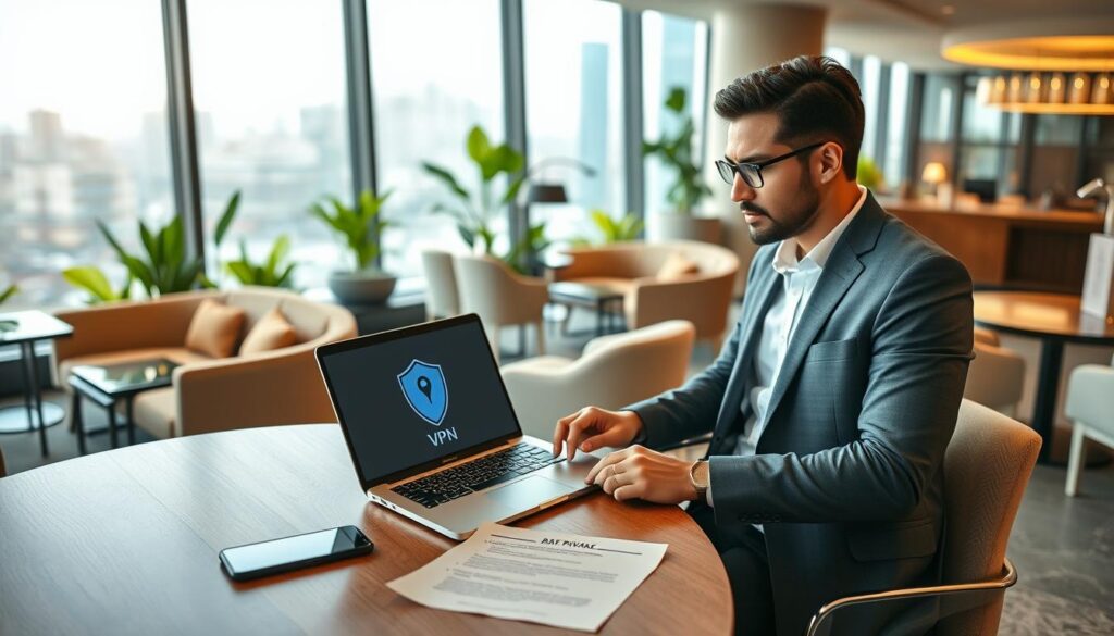A serene co-working space in a modern hotel lobby designed for digital nomads. The foreground features a stylish wooden table with a sleek laptop, a smartphone, and a secure VPN connection icon displayed on the screen. A professional individual in business casual attire is focused on their work, with a document referencing data privacy beside them. In the middle ground, luxurious seating areas with vibrant greenery, warm lighting, and elegant decor create a welcoming atmosphere, hinting at comfort and professionalism. The background showcases large windows with sunlight streaming in, revealing a bustling city scene, reflecting a blend of productivity and tranquility. The overall mood captures the essence of a safe and secure remote work environment, perfect for travelers seeking privacy while working on the go.