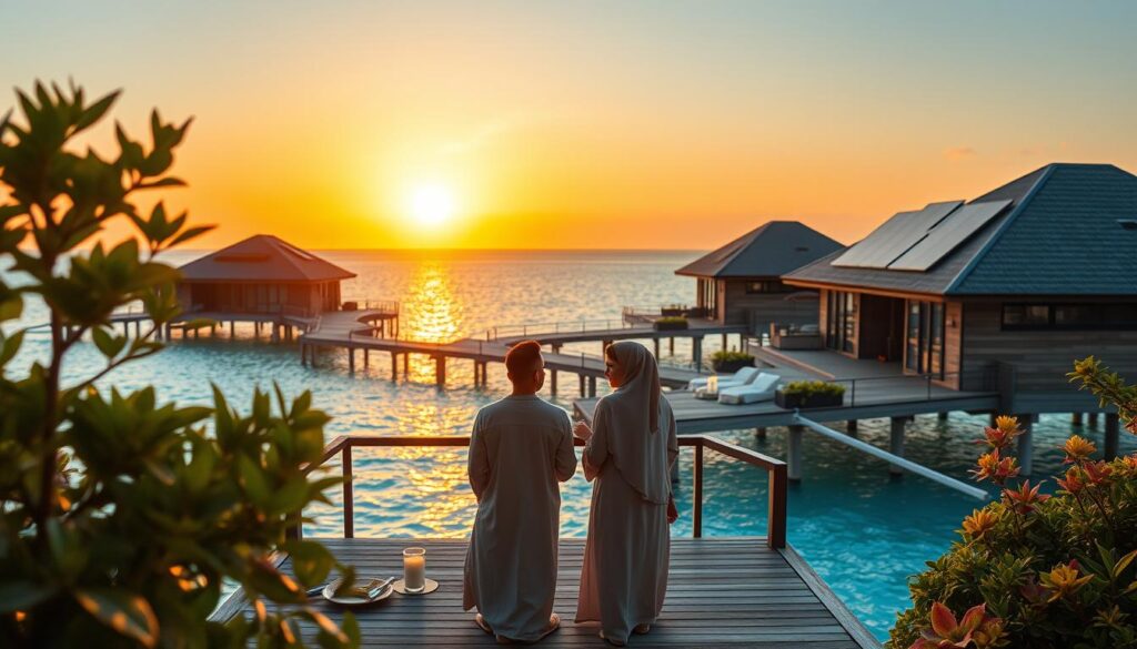 A serene scene showcasing a sustainable Maldives resort, featuring overwater villas made from eco-friendly materials. In the foreground, a couple in modest leisure clothing enjoys a candlelit dinner on a private deck with ocean views. In the middle ground, lush greenery and tropical flowers frame the elegant resort, which integrates seamlessly with the natural environment. The background reveals sparkling turquoise waters and a clear sky at sunset, casting a warm, golden glow over the scene. The image evokes a sense of tranquility and romance, highlighting the resort’s commitment to sustainability through solar panels and natural landscaping. Use soft lighting to enhance the peaceful atmosphere, capturing a picturesque moment of a romantic getaway in paradise.