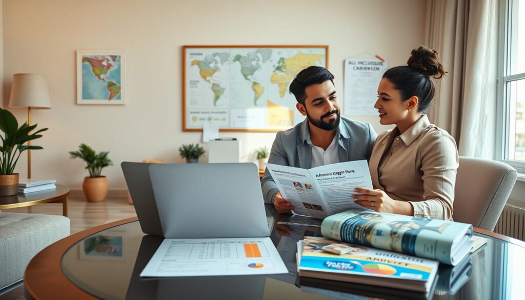 A serene yet focused scene depicting a couple in a cozy, beautifully decorated office space, reviewing honeymoon budget plans for a Caribbean adventure. The foreground features a stylish table with a laptop open to a budgeting spreadsheet, alongside colorful brochures for all-inclusive Caribbean resorts. The couple, dressed in smart casual attire, appears engaged as they discuss their options. In the middle ground, a bulletin board is pinned with maps, travel notes, and reminders about fine print and hidden costs. In the background, soft sunlight streams through a window, casting a warm glow and creating a calming atmosphere. The overall mood is thoughtful and optimistic, emphasizing careful planning for a romantic getaway.
