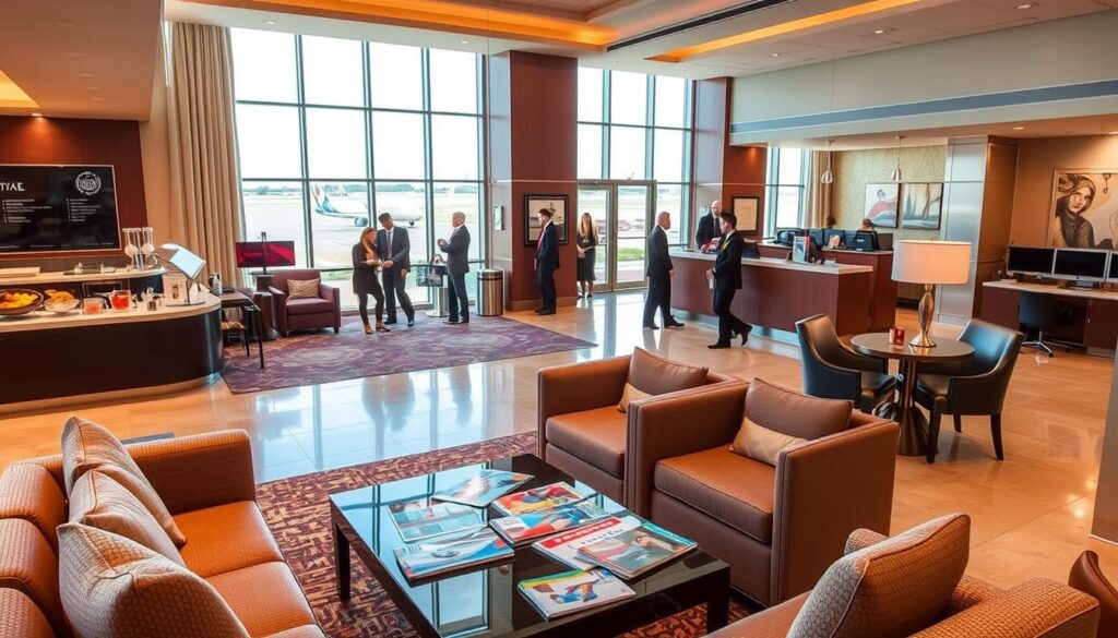 A spacious airport hotel lobby bustling with activity, showcasing a variety of amenities designed for extended stays. In the foreground, a cozy lounge area with plush seating and a coffee table filled with travel brochures. Bright, inviting lighting enhances the warmth of the space, coming from large windows that look onto the airport runway in the background. A reception desk is visible, staffed by friendly personnel in professional business attire, assisting guests. On the left, a dining area with a buffet of snacks and refreshments; on the right, a small business center with computers and comfortable workstations. The overall mood is welcoming and efficient, perfect for travelers seeking comfort and convenience. The image captures a sense of relaxation and readiness for the journey ahead.