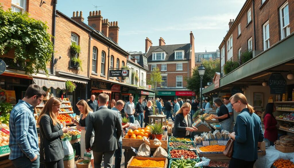 A vibrant London street market scene in a cozy neighborhood with charming brick buildings and lush greenery. In the foreground, a diverse group of professionals in modest casual attire is engaged in grocery shopping, examining fresh produce, artisanal bread, and vibrant spices at local stalls. In the middle ground, a variety of small grocery shops with colorful signage and inviting displays showcase their offerings, creating an atmosphere of community and exploration. The background features iconic London architecture under a clear blue sky, with soft, warm sunlight casting gentle shadows that enhance the inviting atmosphere. The overall mood is lively and welcoming, perfectly embodying the essence of local grocery shopping in London. Use a wide-angle lens to capture the organic flow of people and the richness of color in the scene.