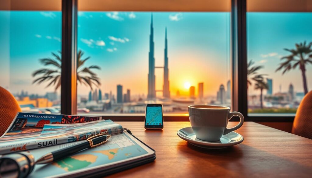 A vibrant scene of Dubai travel planning. In the foreground, a neatly arranged travel planner featuring colorful brochures of serviced apartments and popular attractions, accompanied by a stylish pen and a smartphone displaying a map. The middle section showcases a large, picturesque window revealing the iconic skyline of Dubai, with the Burj Khalifa prominently featured under a bright blue sky. On a stylish wooden table, a steaming cup of Arabic coffee adds to the atmosphere. The background captures the essence of Dubai, including palm trees and the setting sun casting warm golden hues, creating a welcoming and adventurous mood. The lighting is bright and inviting, reminiscent of a cozy traveler's nook.